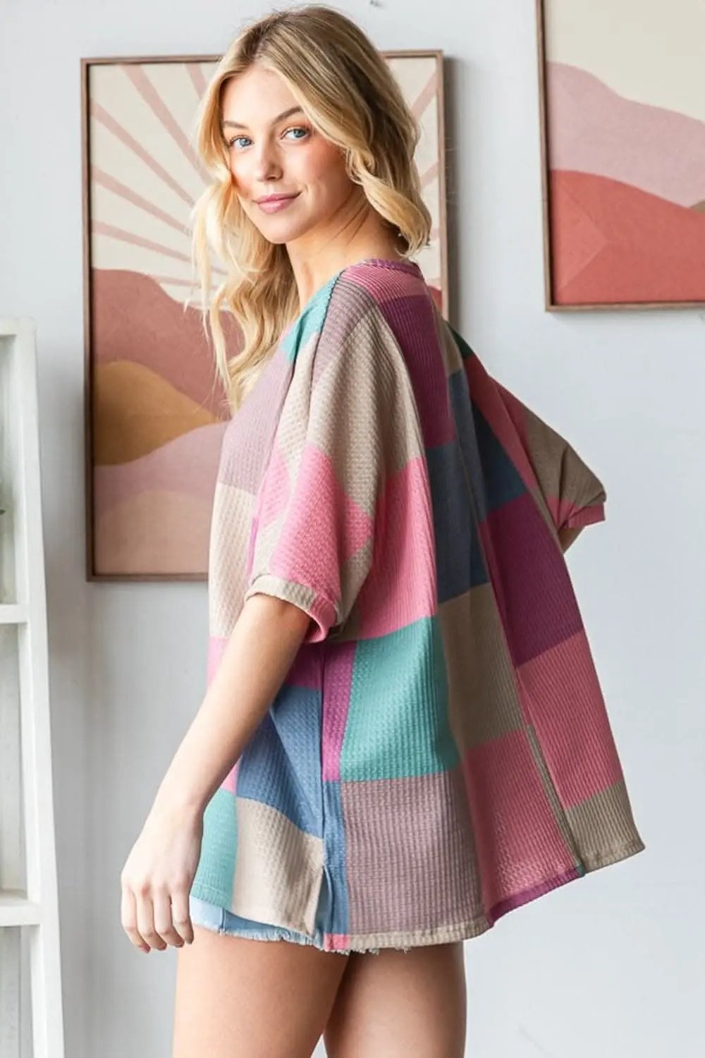 HOPELY Full Size Checkered Round Neck Side Slit T-Shirt - Love Salve